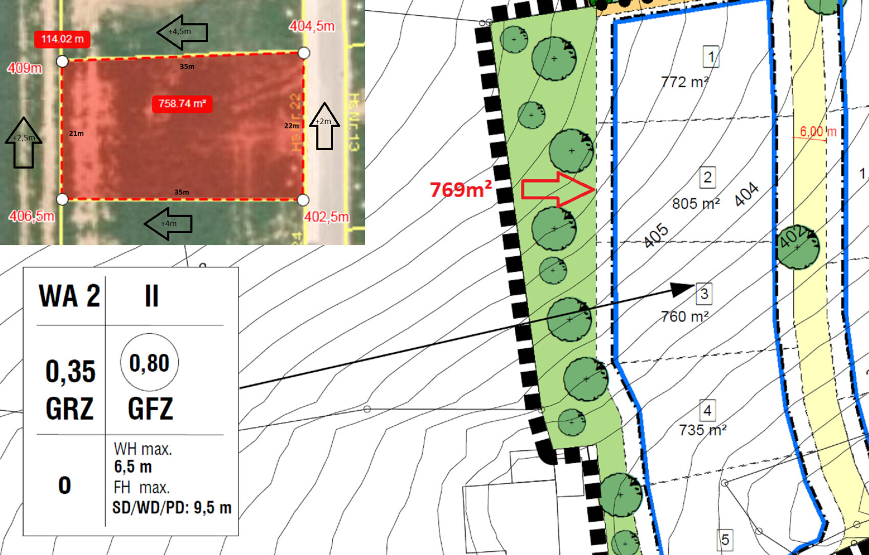 Site plan of a building plot with property boundaries, trees, and measurements