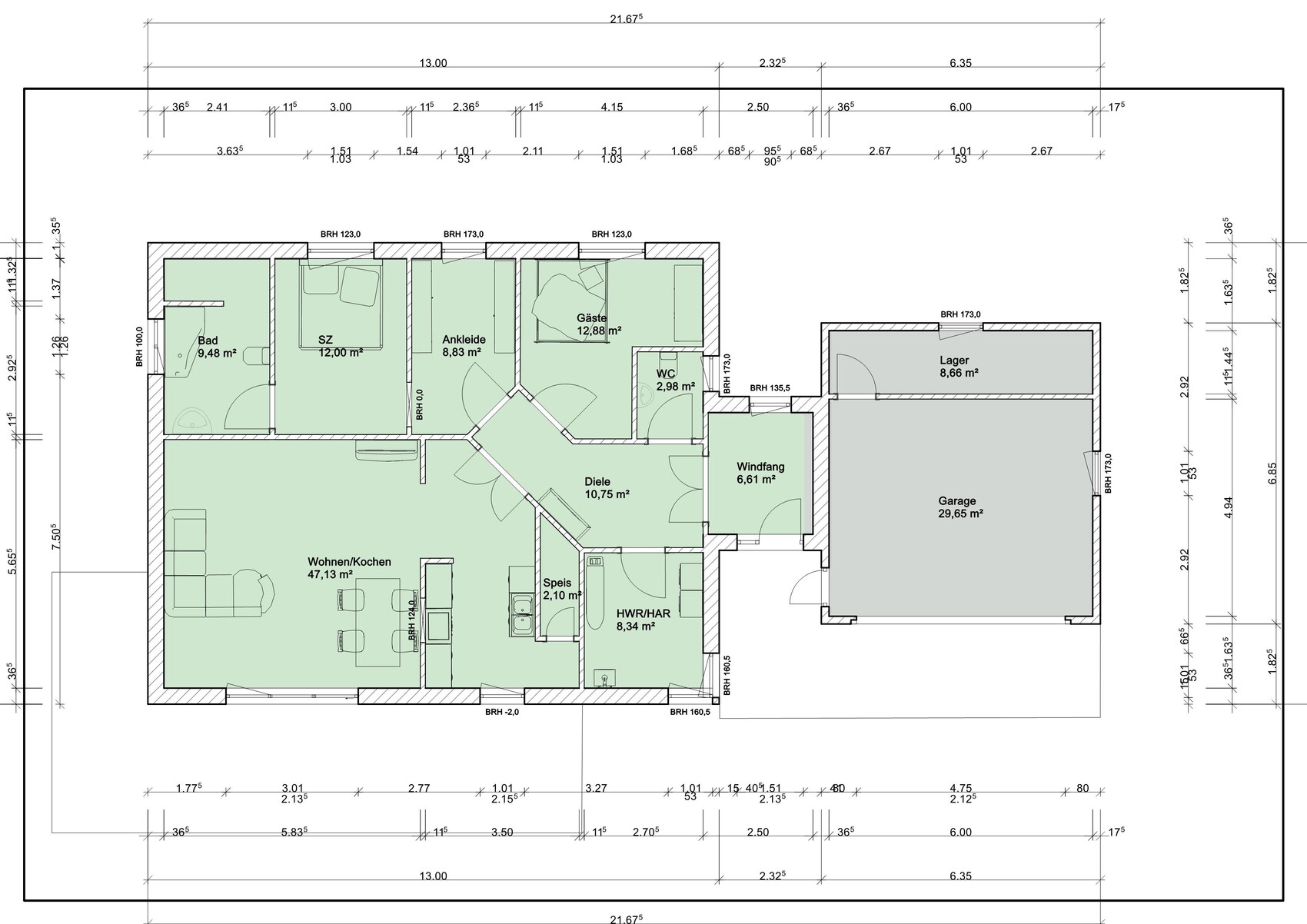 Floor plan of a single-family house: living/cooking area, bathroom, bedroom, dressing room, guest room, hallway, pantry, utility room, entrance hall, WC, storage, garage.