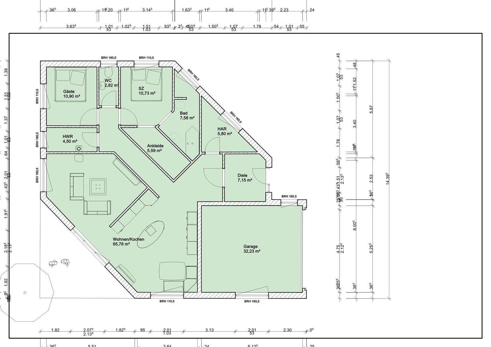 Floor plan of a house: large living/cooking area, bedroom, guest room, bathroom, hallway, garage.