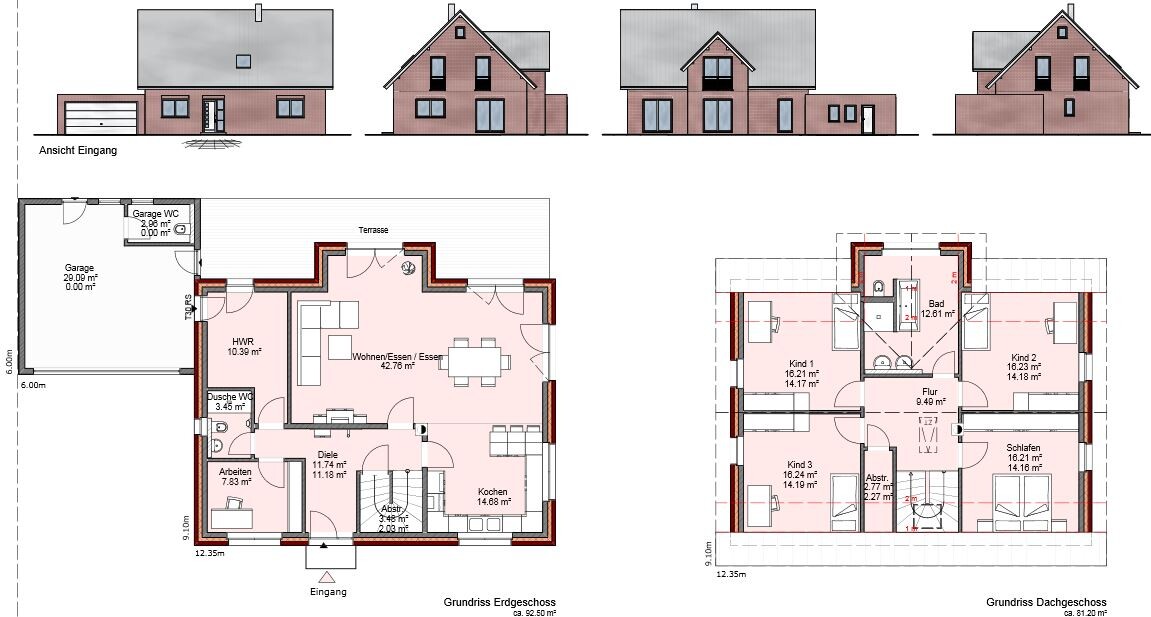 Architekturzeichnung eines Einfamilienhauses mit Erdgeschoss- und Dachgeschoss-Grundrissen und Fassadenansichten.
