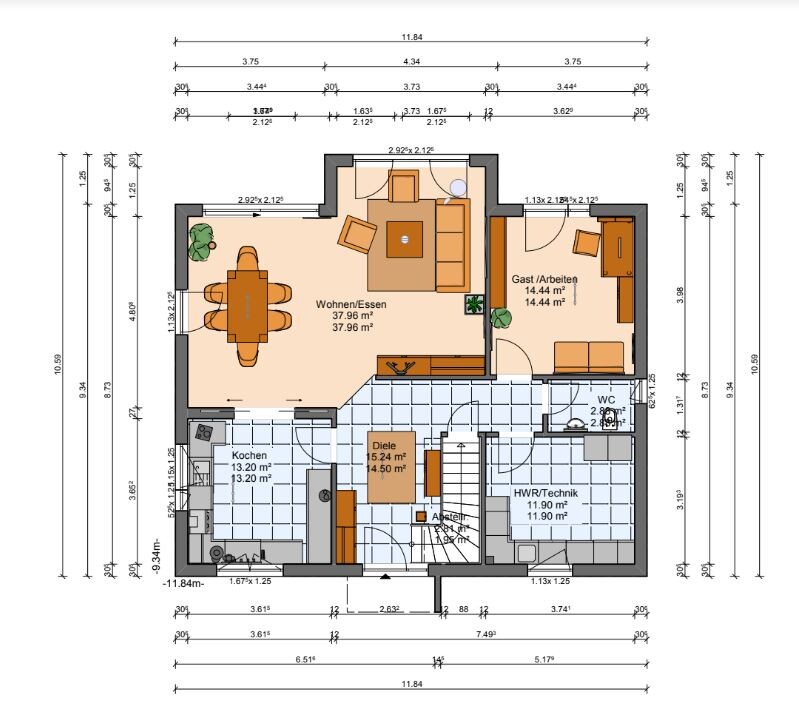 Two-dimensional house floor plan with kitchen, living room, hallway, and stairs, measurements visible