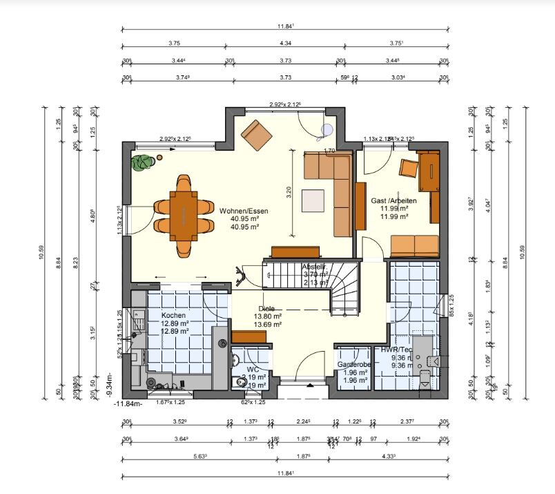 2D floor plan of a house with living and dining area, kitchen, and hallway