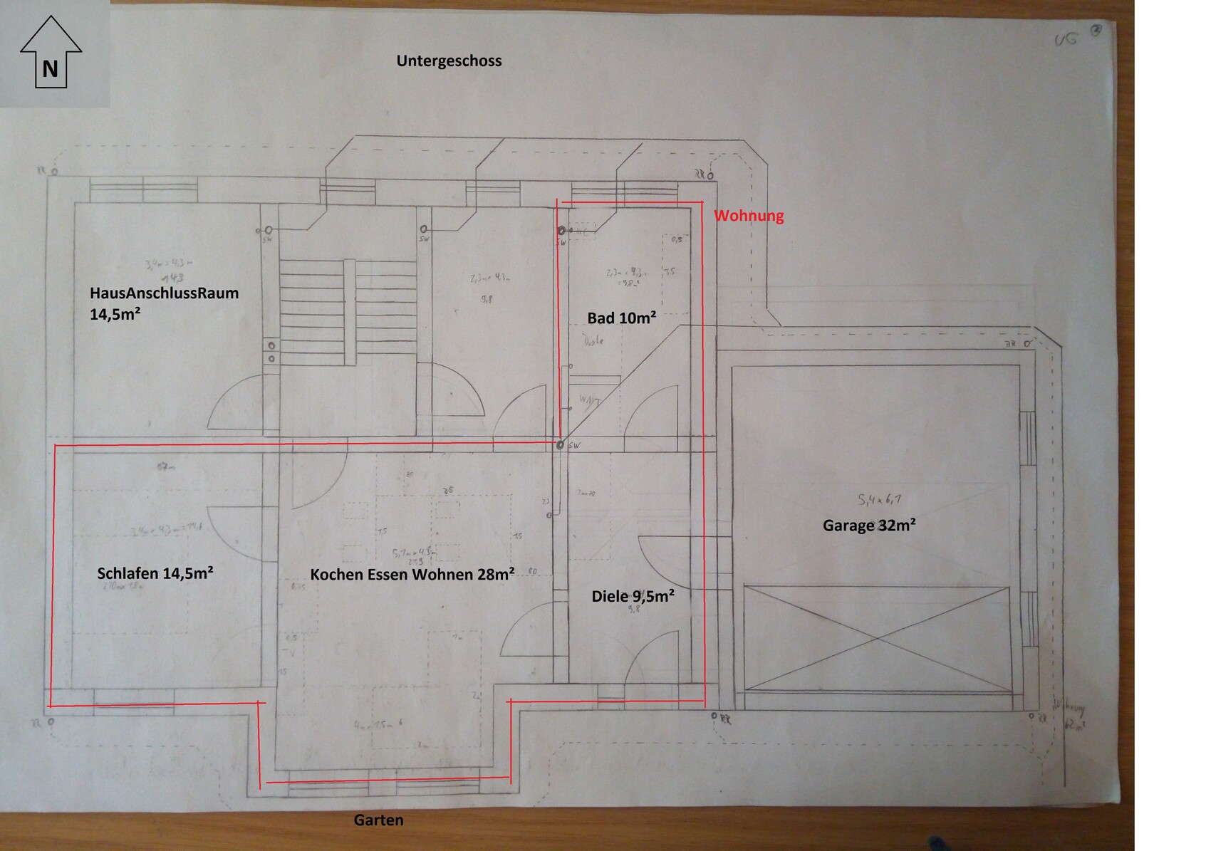 Basement floor plan with bedroom, kitchen, living, bathroom, and garage