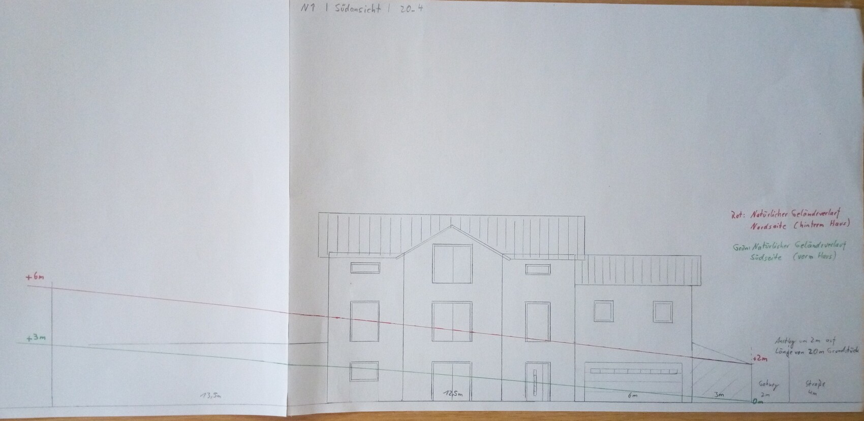 Sketch of a two-story house front with gable roof and windows, architectural drawing