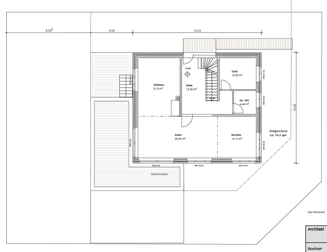 House floor plan: living, dining, kitchen, hallway, guest room, shower-WC, terrace