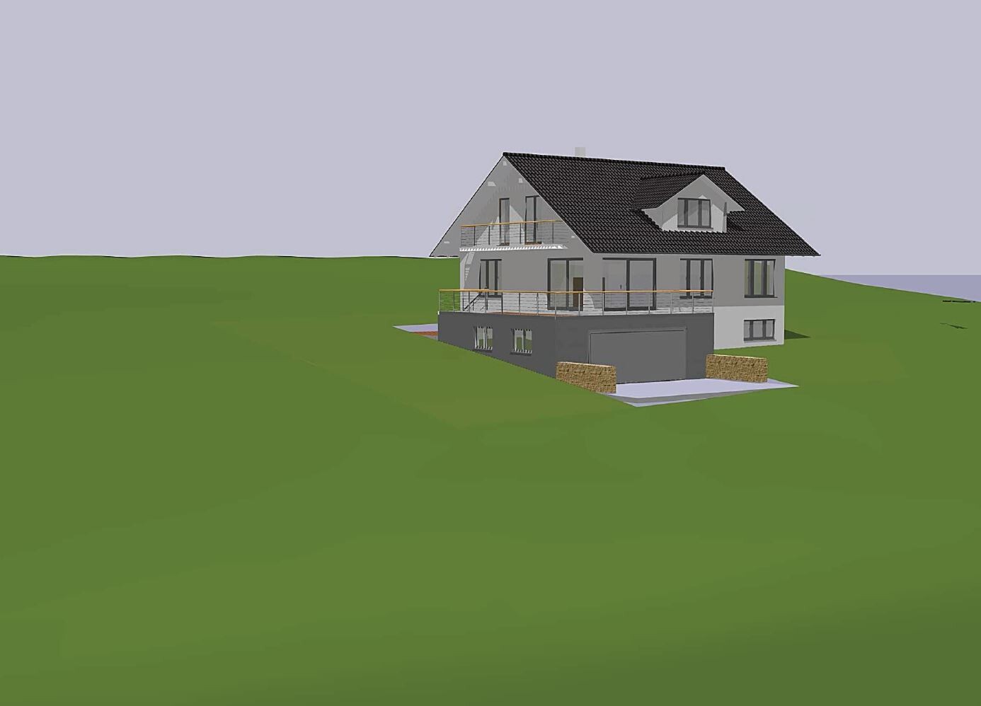 Modern house on green slope with terrace, balcony, and garage.