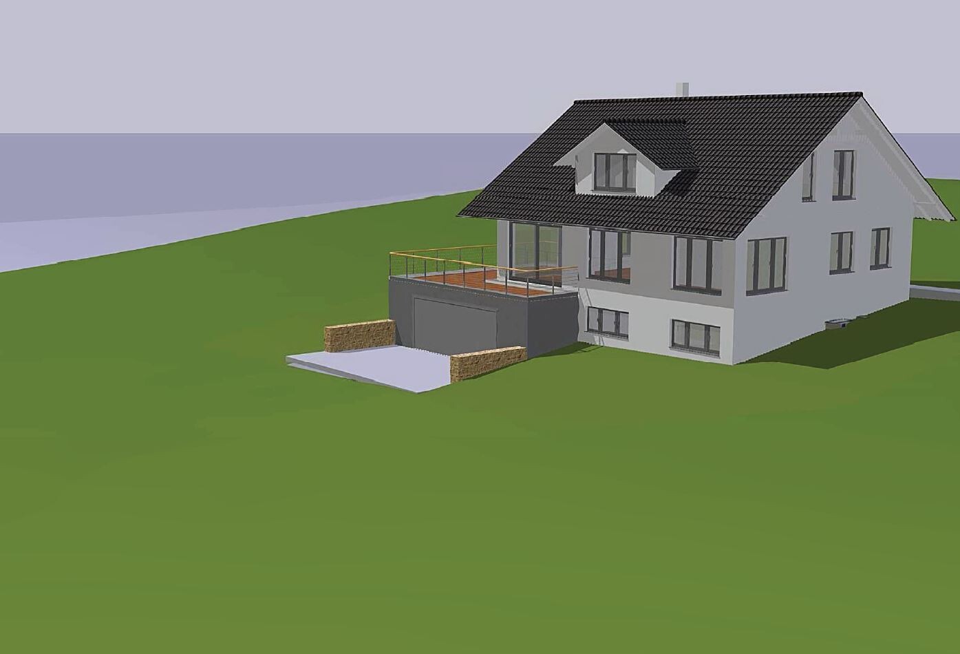 Modern white villa with dark roof, large terrace over garage on green slope.
