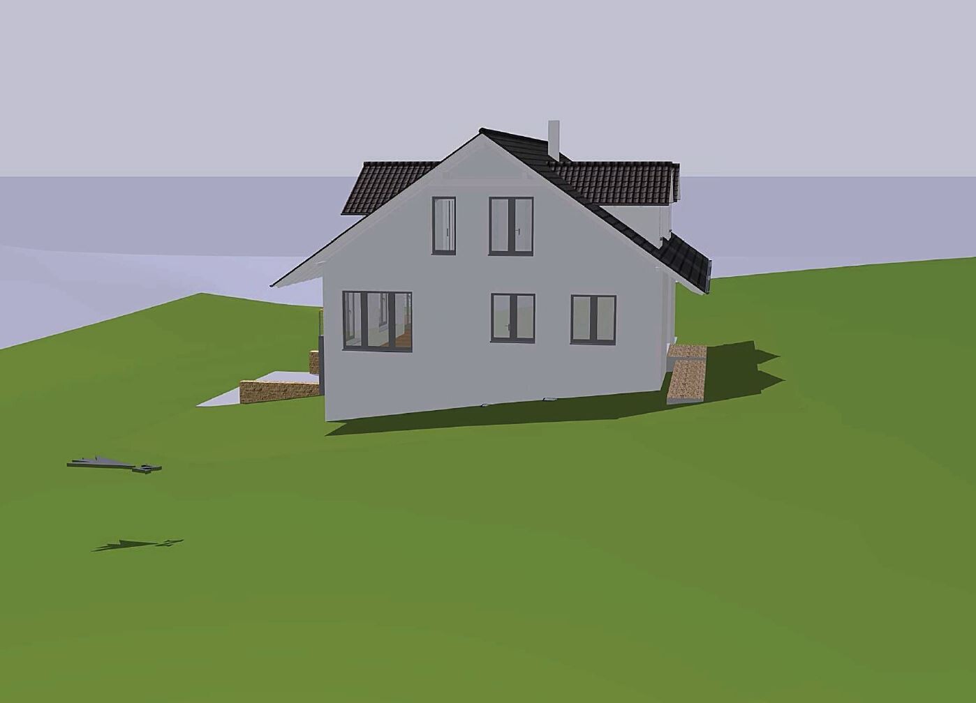 3D model of a white house with dark gable roof on green slope, window facades.