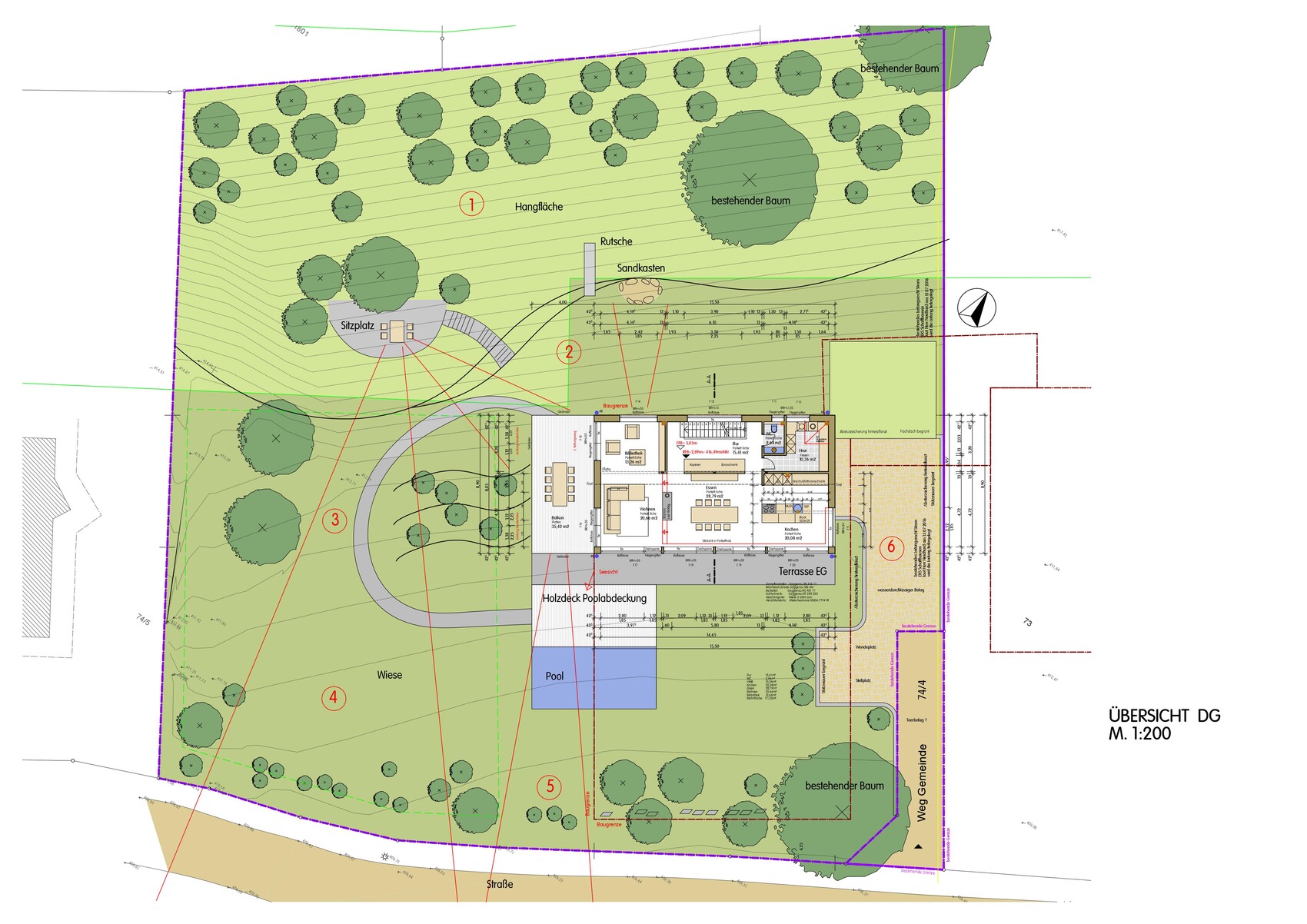 Garden site plan with house, ground floor terrace, pool, lawn, trees, seating area, sandbox, and paths.