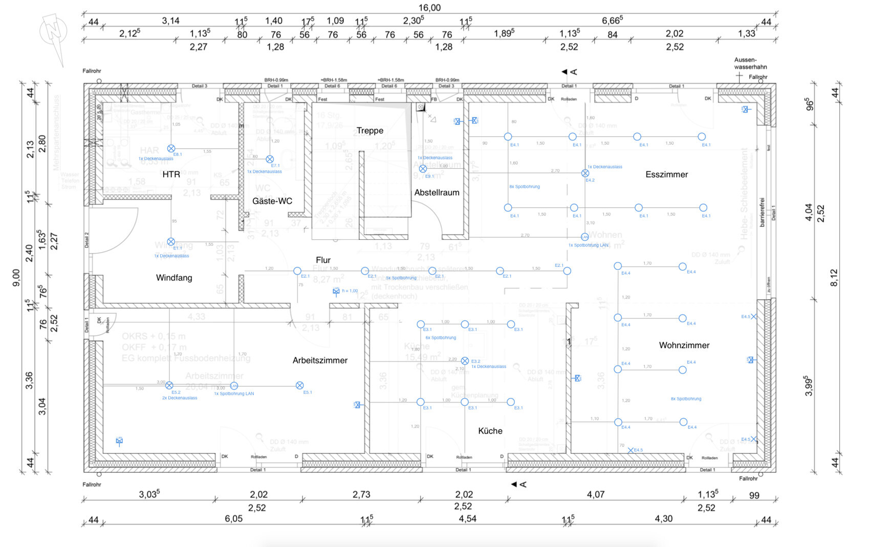 Floor plan of a house with living room, kitchen, study, corridor, stairs, storage room and guest WC.