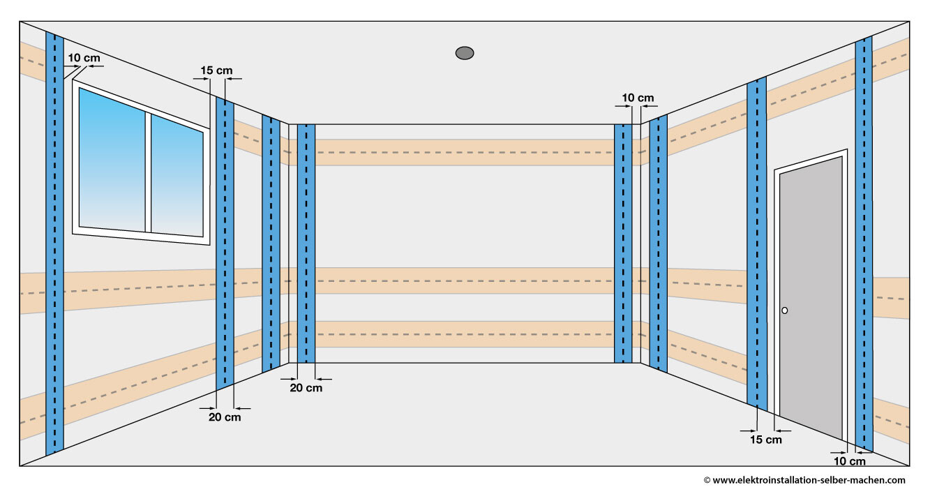 Interior space showing a stud system marked in blue and insulation; window on the left, door on the right.
