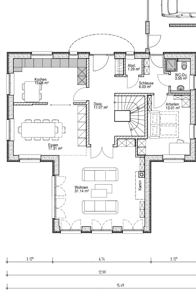 House floor plan: living room, dining area, kitchen, entrance hall, stairs, study, WC, fireplace.