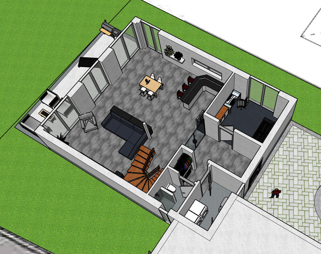 Isometric interior view of a house: living room with sofa, dining table, kitchen, staircase, storage room.