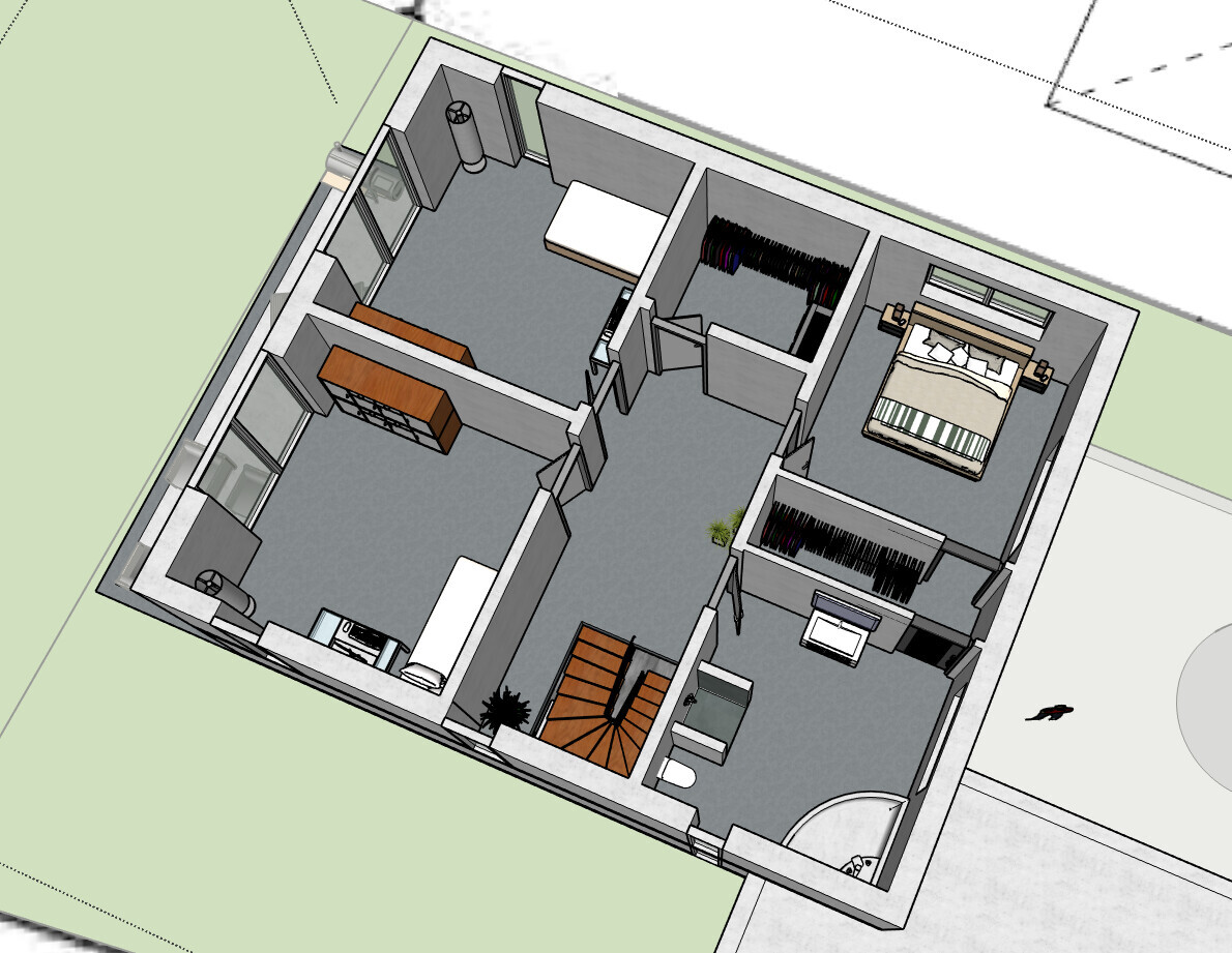 Isometric floor plan of a house: bedroom, walk-in closet, staircase, living room.