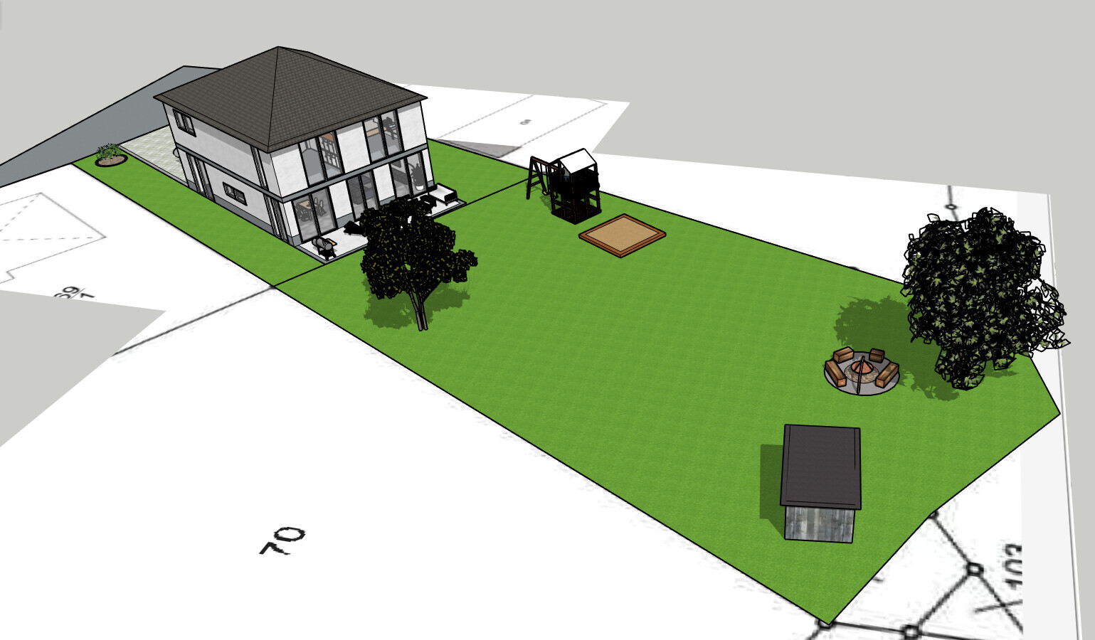 Modern single-family home with green garden, playground, fire pit, and garden shed.