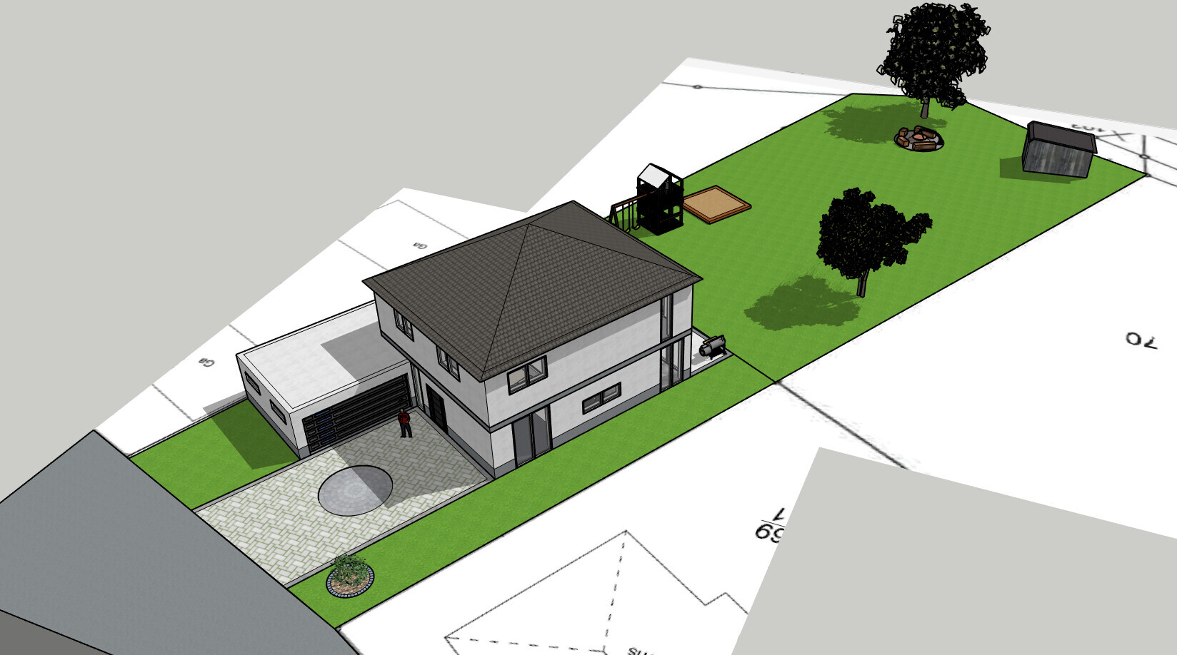 Modern two-story house with garage, driveway, garden, trees, and fire pit.