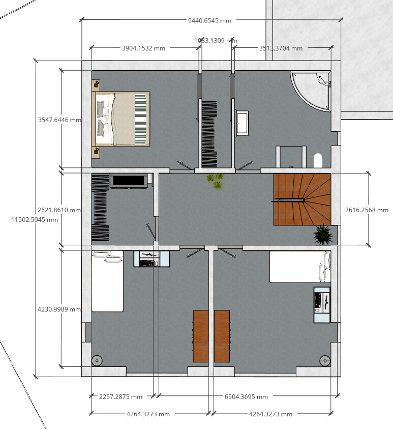 Floor plan of a house with staircase, bedroom, kitchen, bathroom, living room and dining table.
