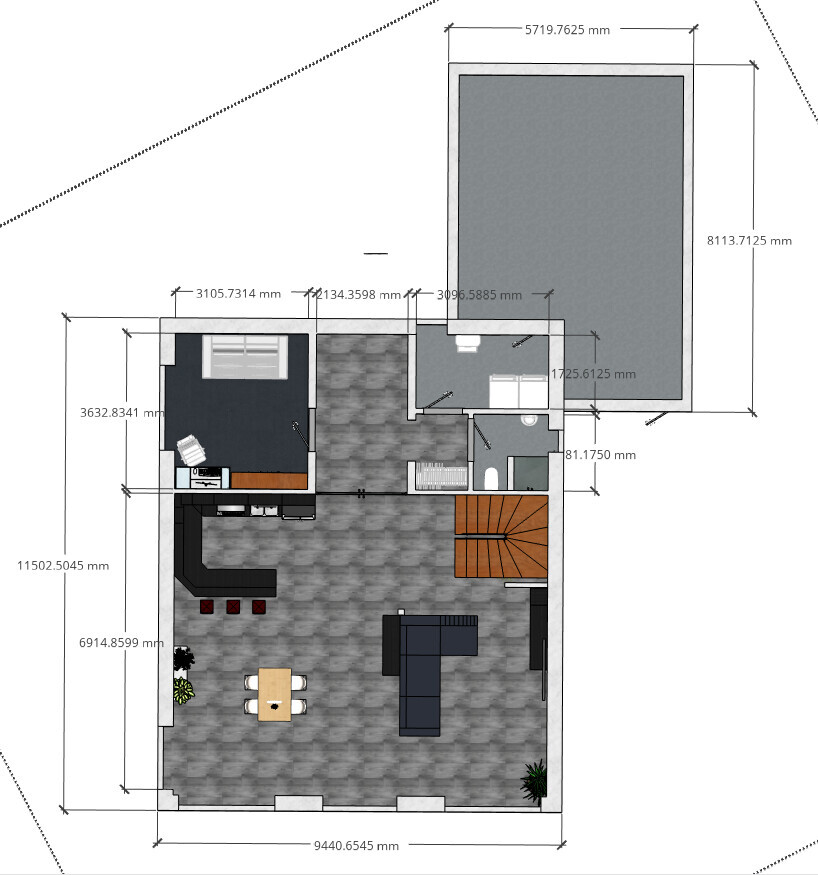 Floor plan of a house: open living area with sofa, dining table, kitchen, staircase, and bedroom.