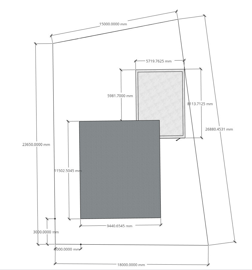 Technical floor plan: large dark rectangle with smaller light gray rectangle and dimension lines in mm.