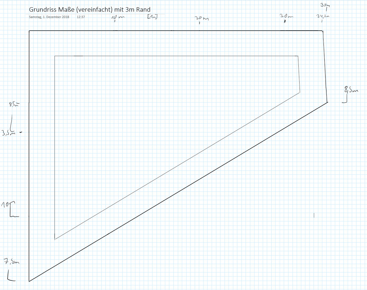 Simplified floor plan on graph paper with dimensions and setback distances