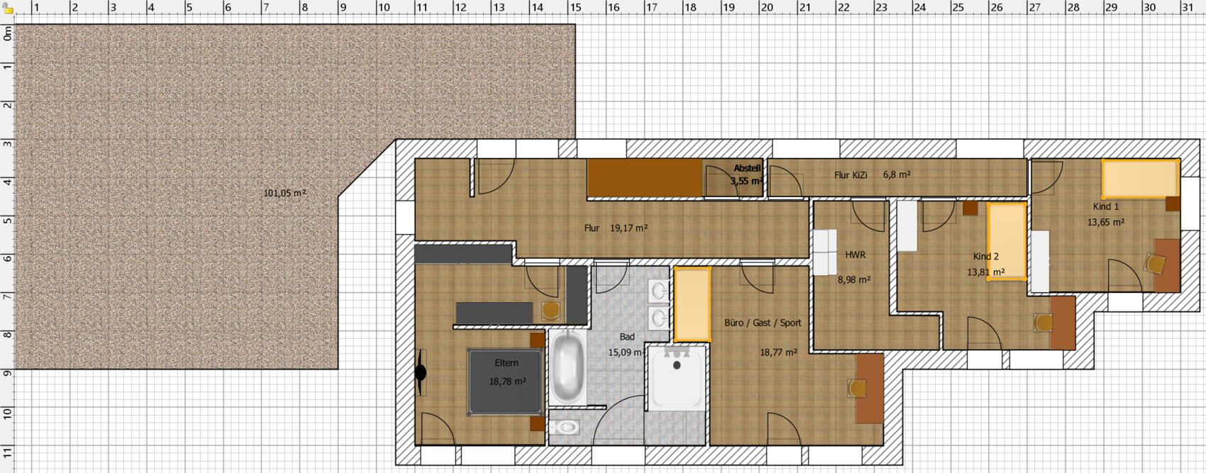 2D floor plan of a house with hallways, bedrooms, bathroom, and kitchen