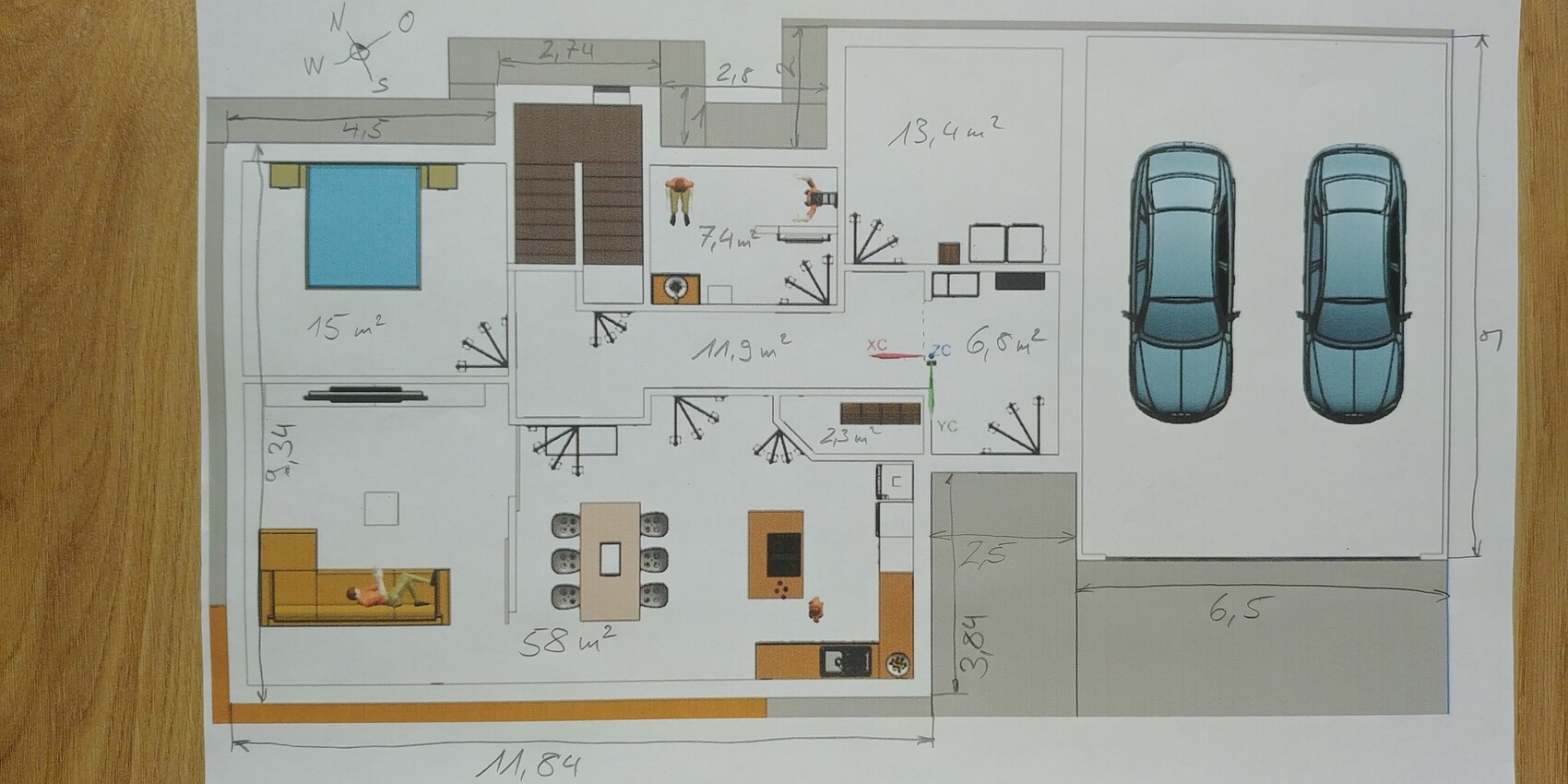 Floor plan of a house with garage for two cars, open kitchen, dining and living area, bedroom.