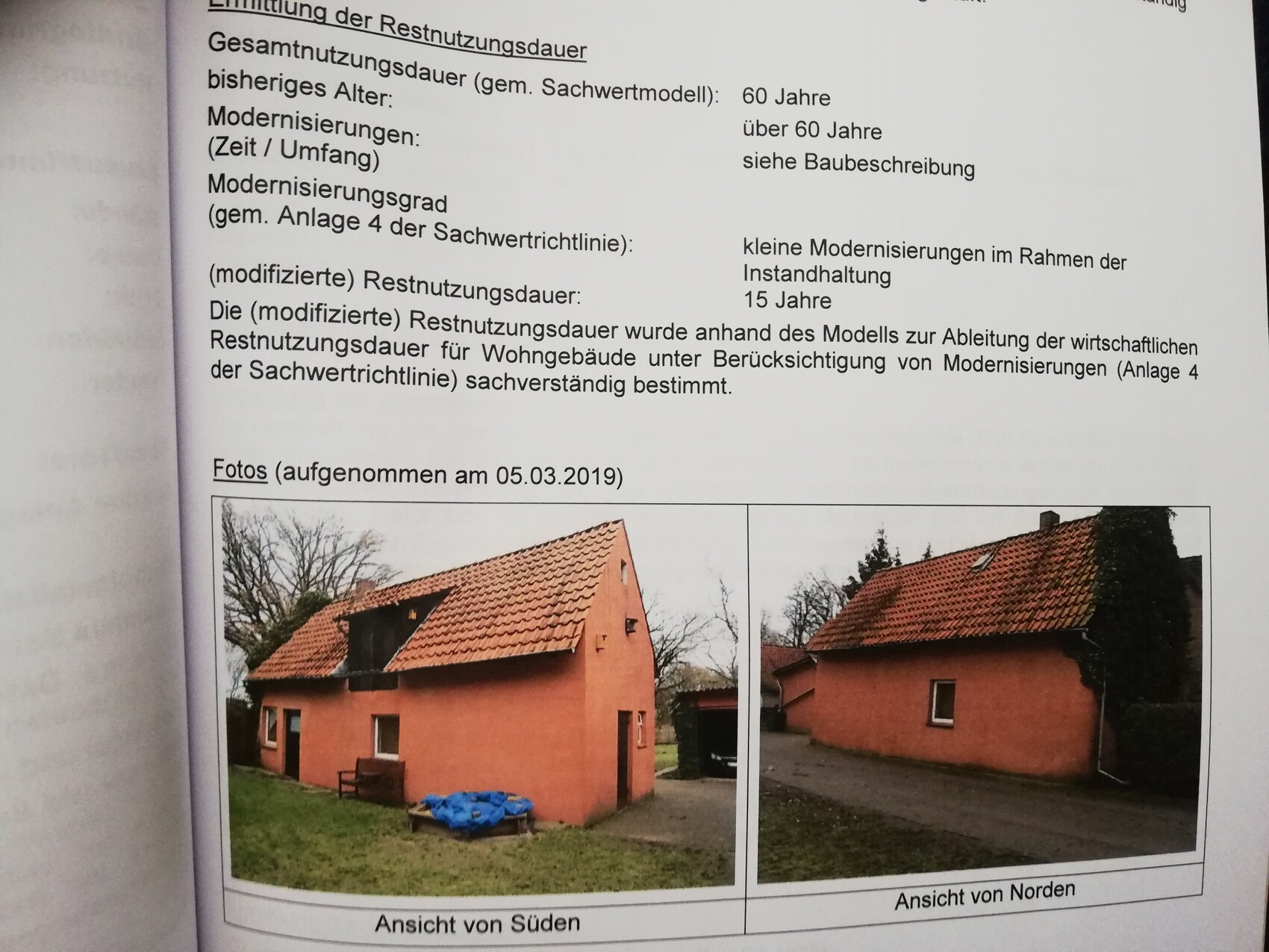 Two views of an orange house with red tiled roof: south and north.