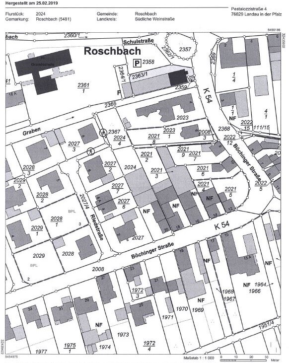 City map of Roschbach with plots, street names and building footprints.