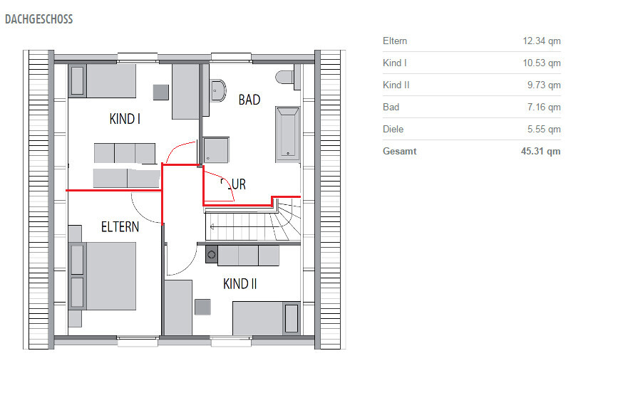 Dachgeschoss Grundrissplan mit Eltern- und Kinderzimmer sowie Bad und Flur.
