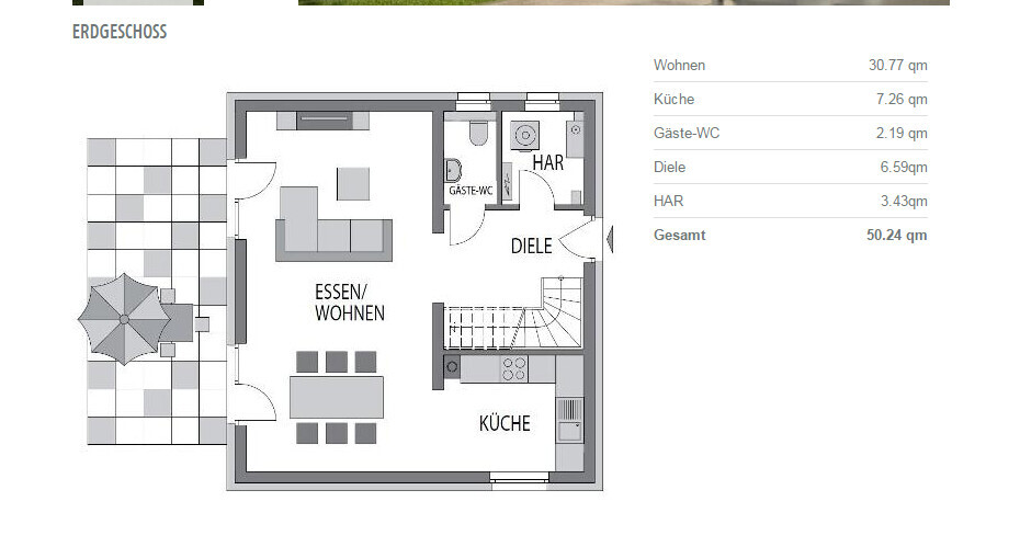 Erdgeschoss Grundriss eines Hauses mit Wohnzimmer, Küche, Diele und Terrasse.