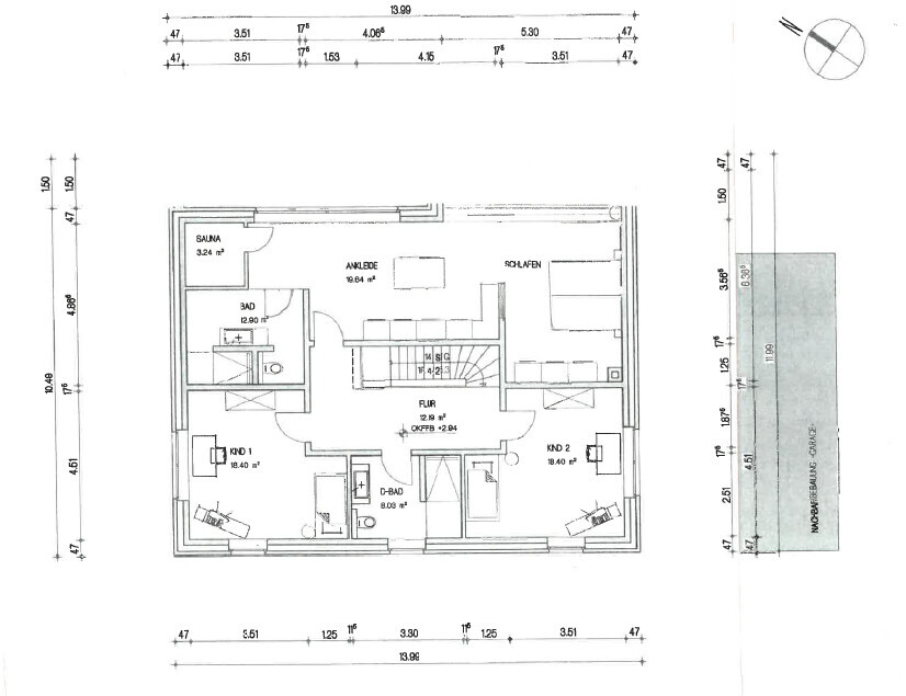 Ground plan of an upper floor: hallway, bedroom, dressing room, sauna, bathroom, two children's rooms.