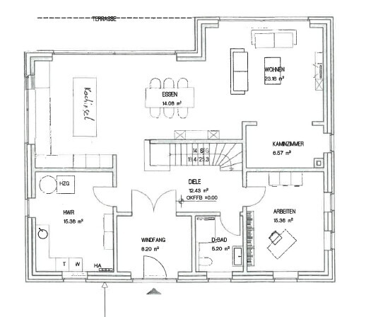 Floor plan of a house with terrace, living room, dining area, loggia, storage room, study, entrance hall, vestibule.