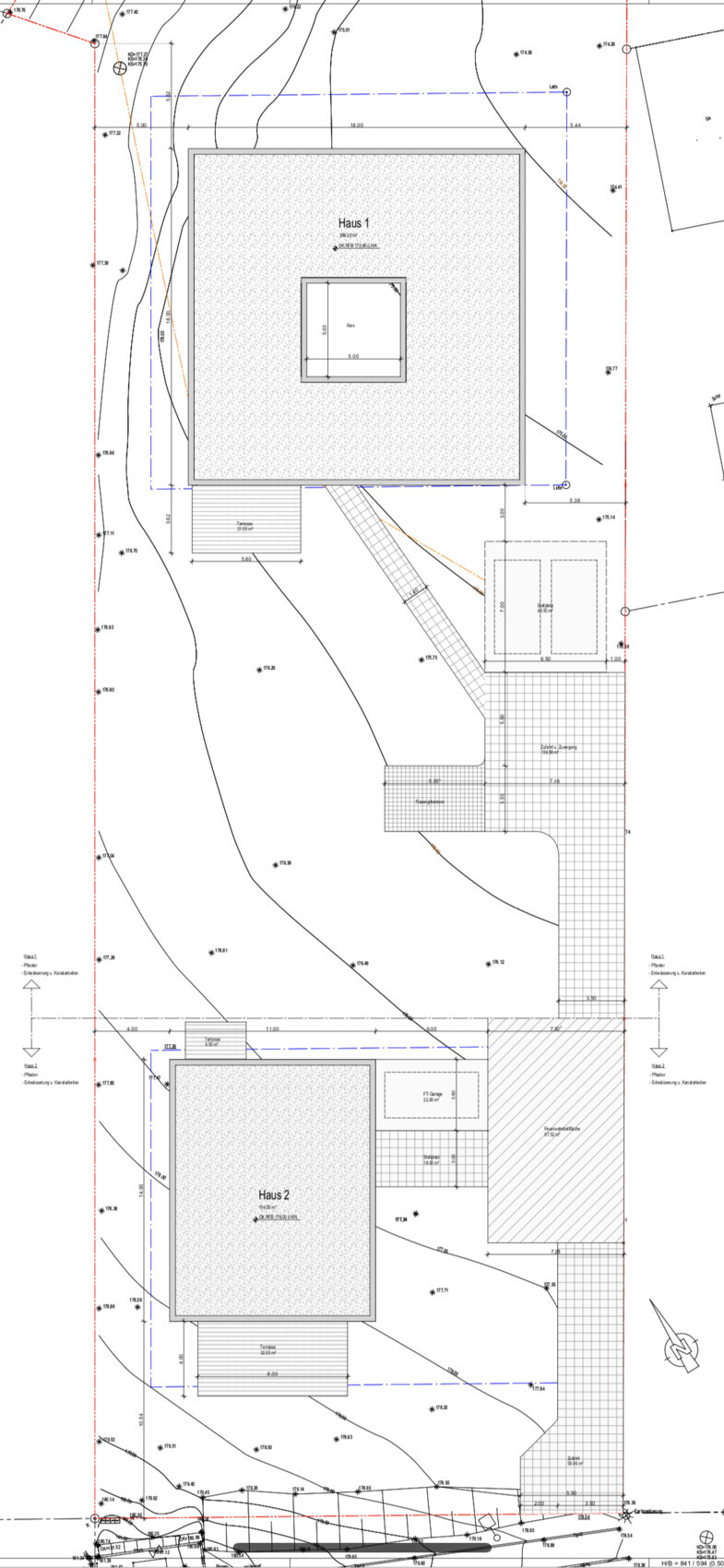 Floor plan: two houses (House 1, House 2) with paths, terraces and stairs.