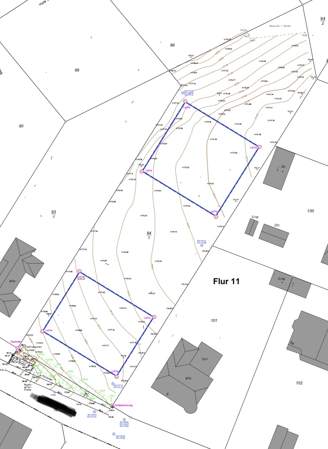 Topographic cadastral map: plot 11, land areas, terrain contours, blue polygon path.