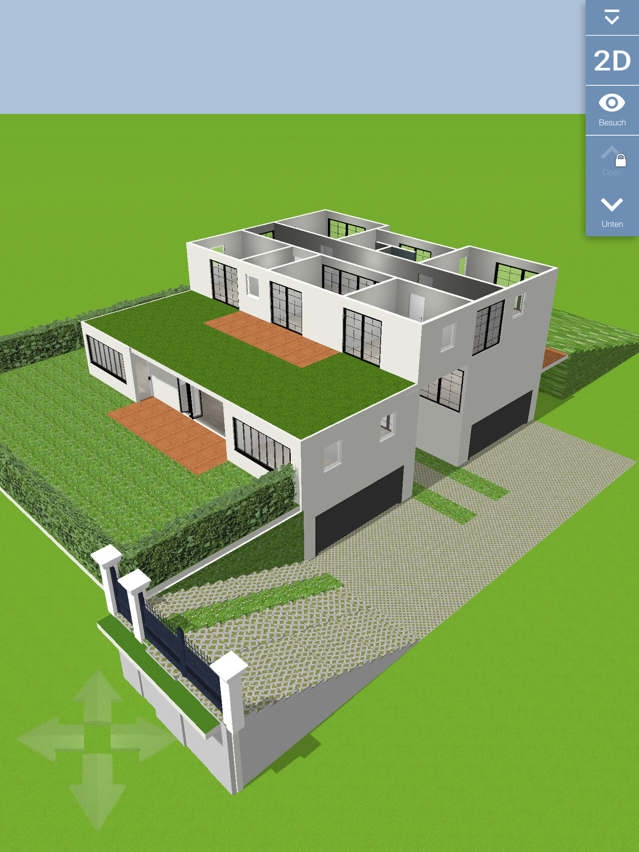 Moderne Doppel-Villa mit Gründach, großen Fenstern, Holzterrassen, Einfahrt und Garten.