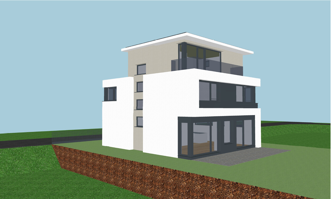 Modern three-story villa with white facade, large glass fronts, and terrace on a slope.