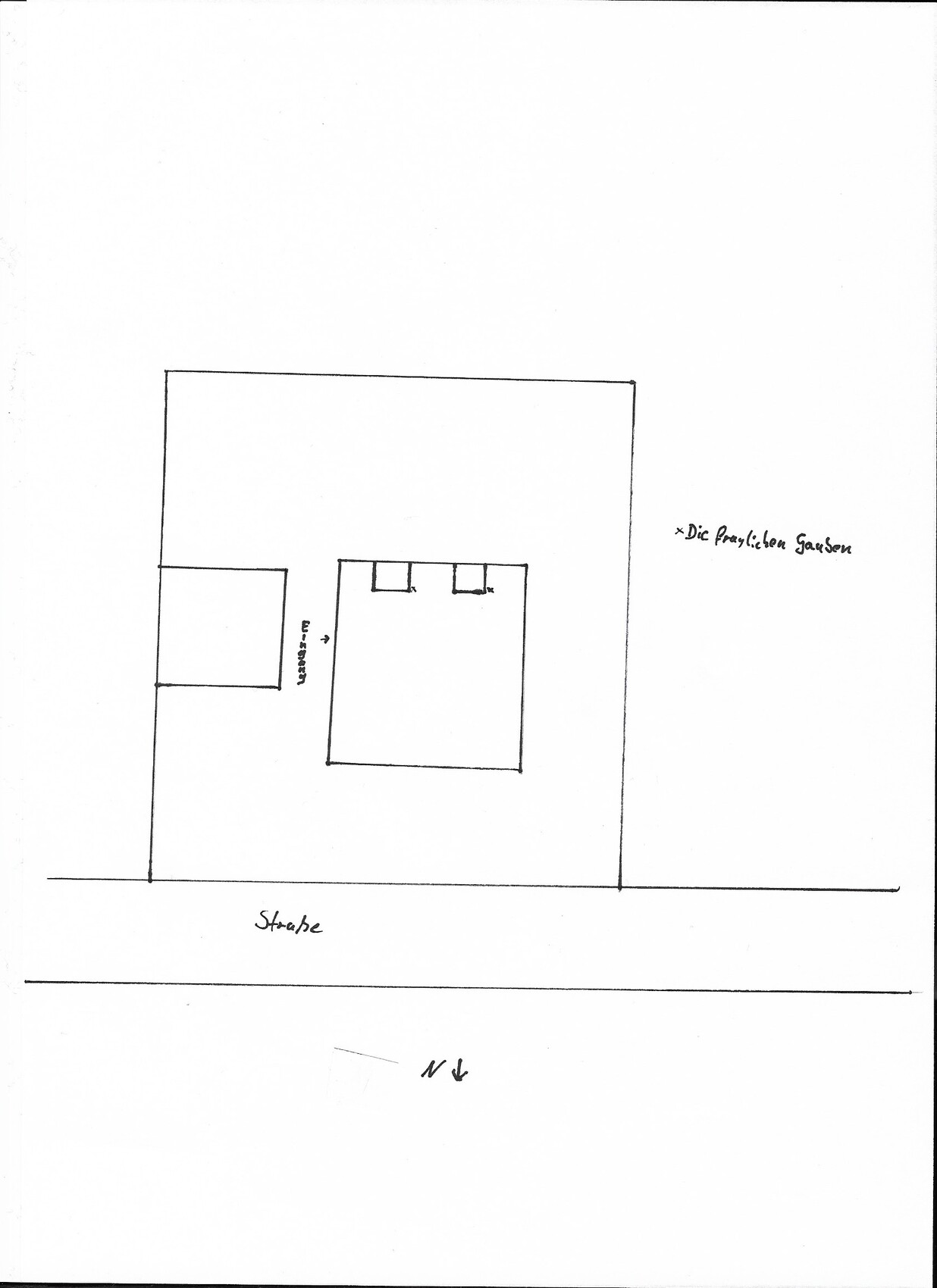 Floor plan of a building complex on the street with courtyard, driveway, and outbuildings.