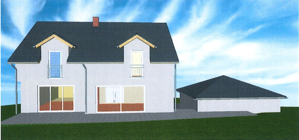 Two-story detached house with garage, dormers, and glass facades.