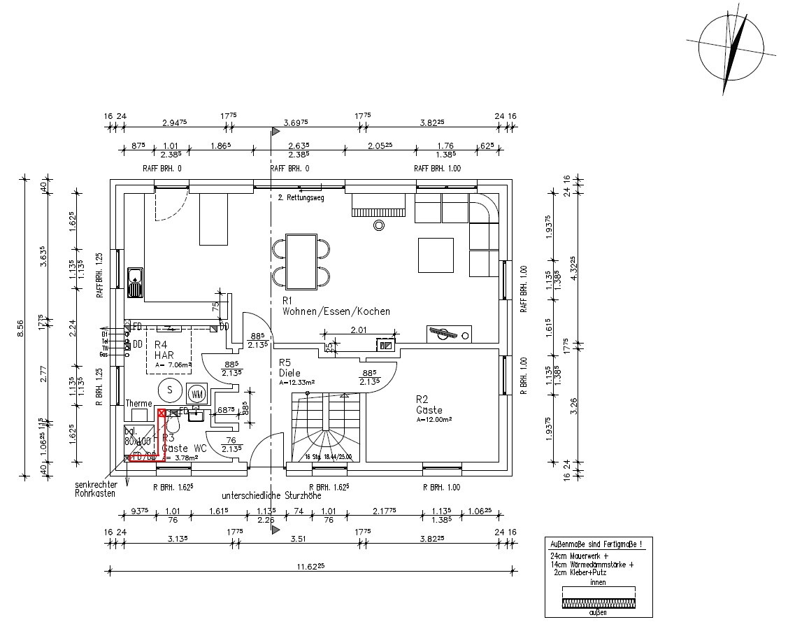 Floor plan: open living/dining/kitchen area, hallway, guest room, guest WC, staircase.