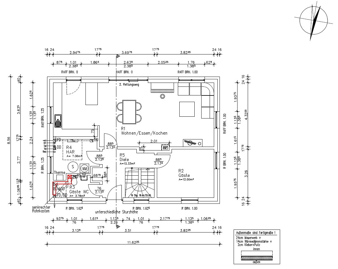 Floor plan of a house: living area with kitchen, dining table, hallway, guest room and staircase.