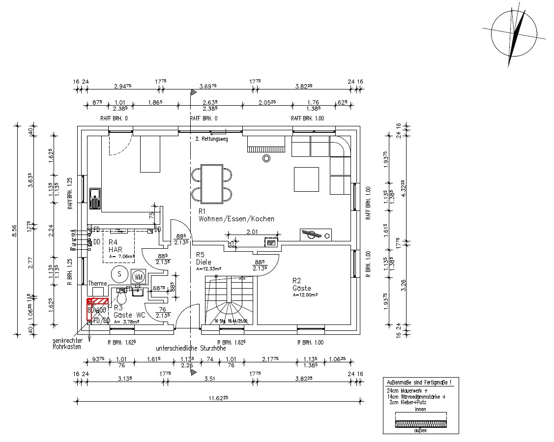 Ground floor layout: living/dining/kitchen area, hallway, guest room, bathroom, staircase.