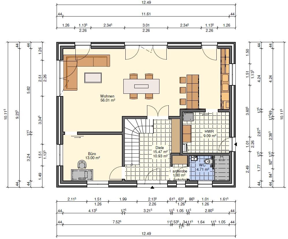 Ground floor plan: open living area with dining table, office, hallway, utility room, WC, kitchen.