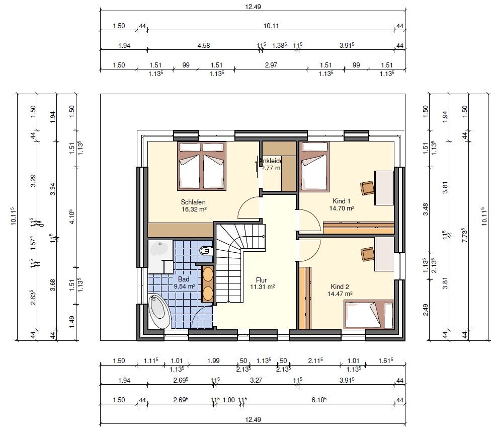 Upper floor plan: hallway with stairs, bathroom, bedroom, two children's rooms, dressing room.