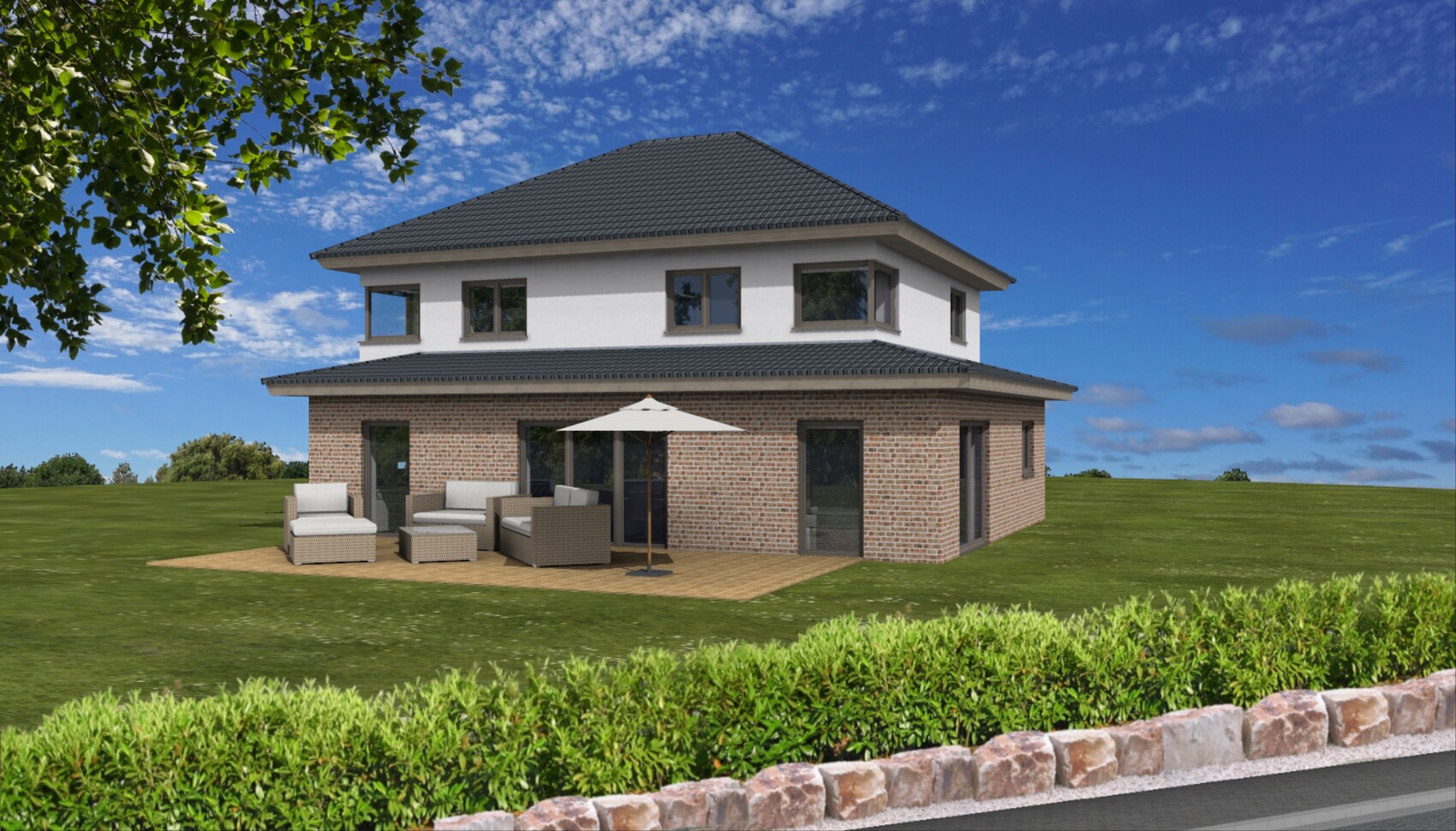 Two-story house with brick base, white upper floor, terrace with furniture and parasol.