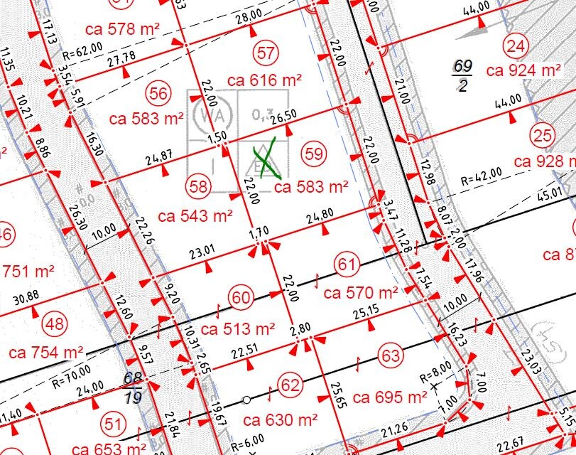 Plot map with parcels; red outlines, parcels 56–69, green marked parcel 59.
