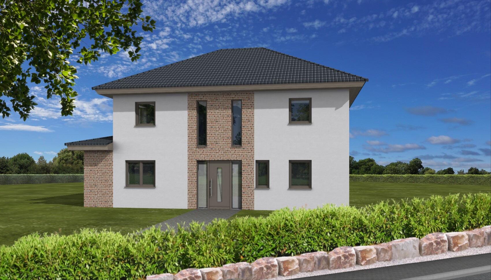Modern two-story house, white plaster, central brick column, dark roof, glass door, hedge.