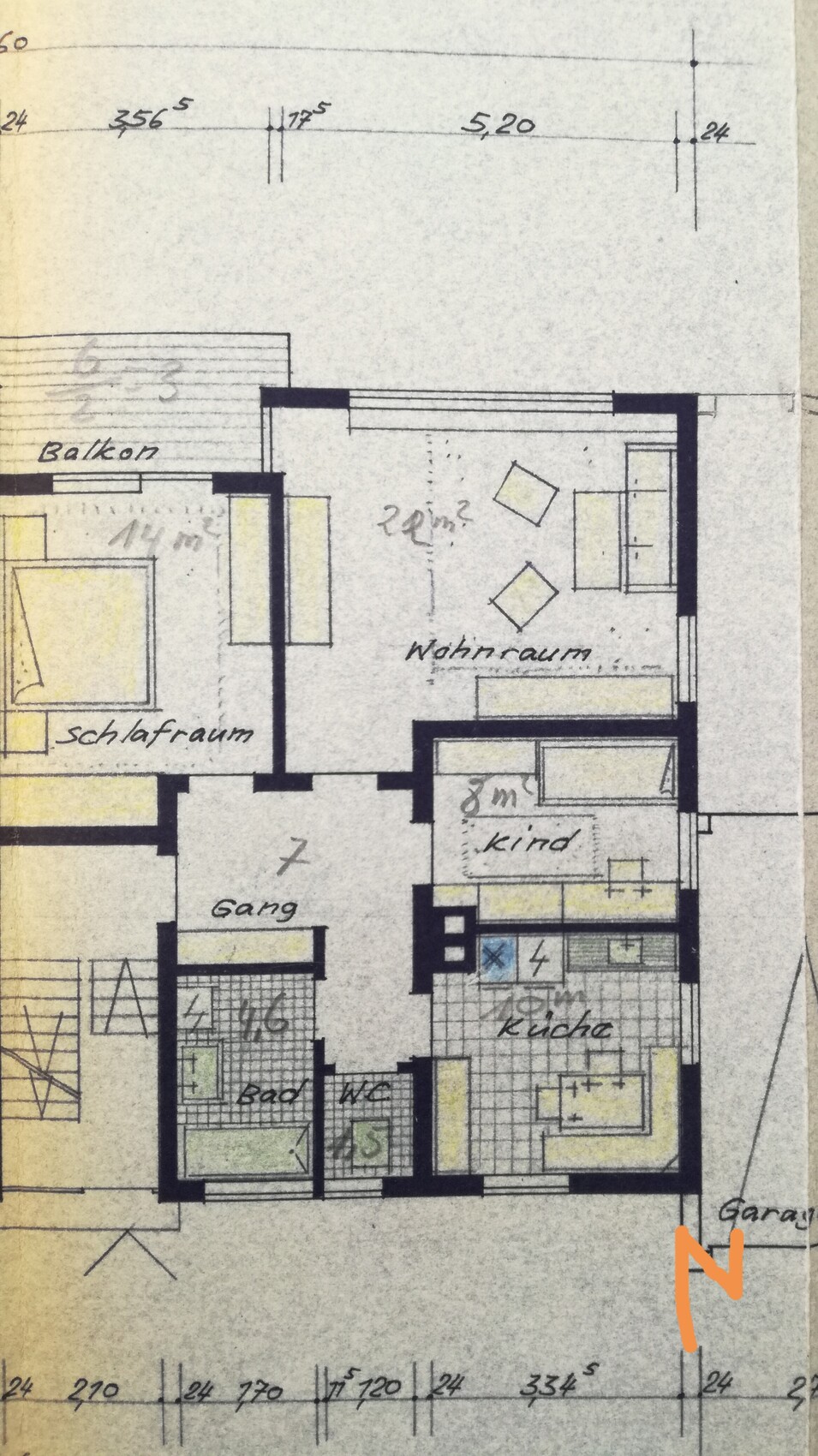 Floor plan of an apartment: bedroom, child’s room, living room, kitchen, bathroom, toilet, hallway, balcony, and garage.