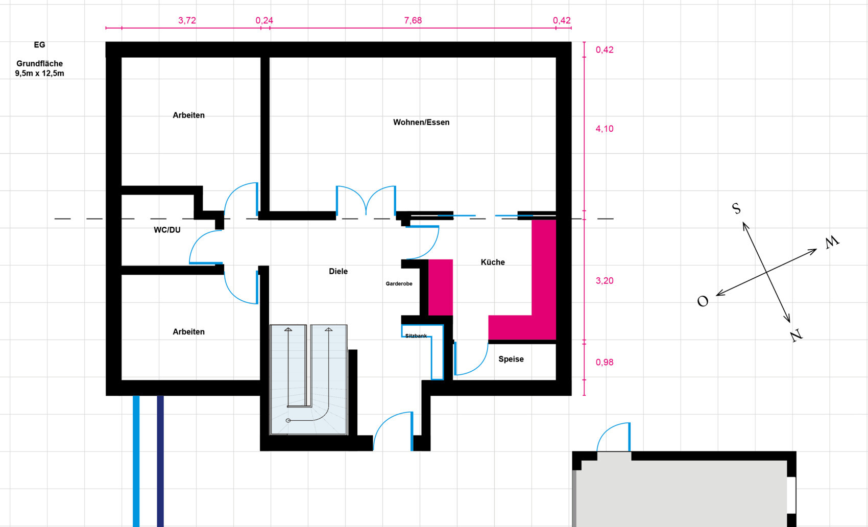 Floor plan of a house, ground floor, with living/dining, kitchen, workrooms, entrance hall, and wardrobe.