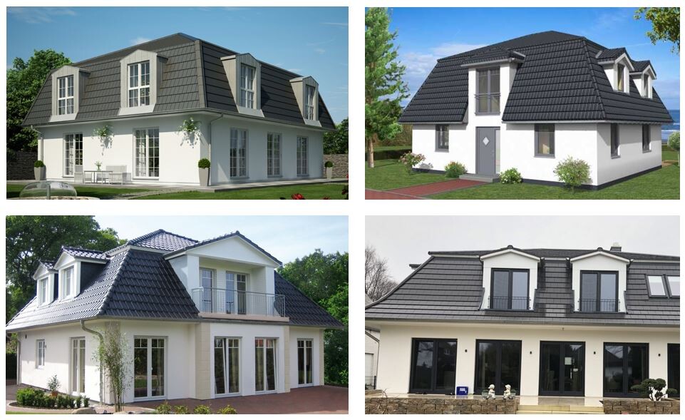 Four modern single-family houses with pitched roofs, white facades, and large windows.