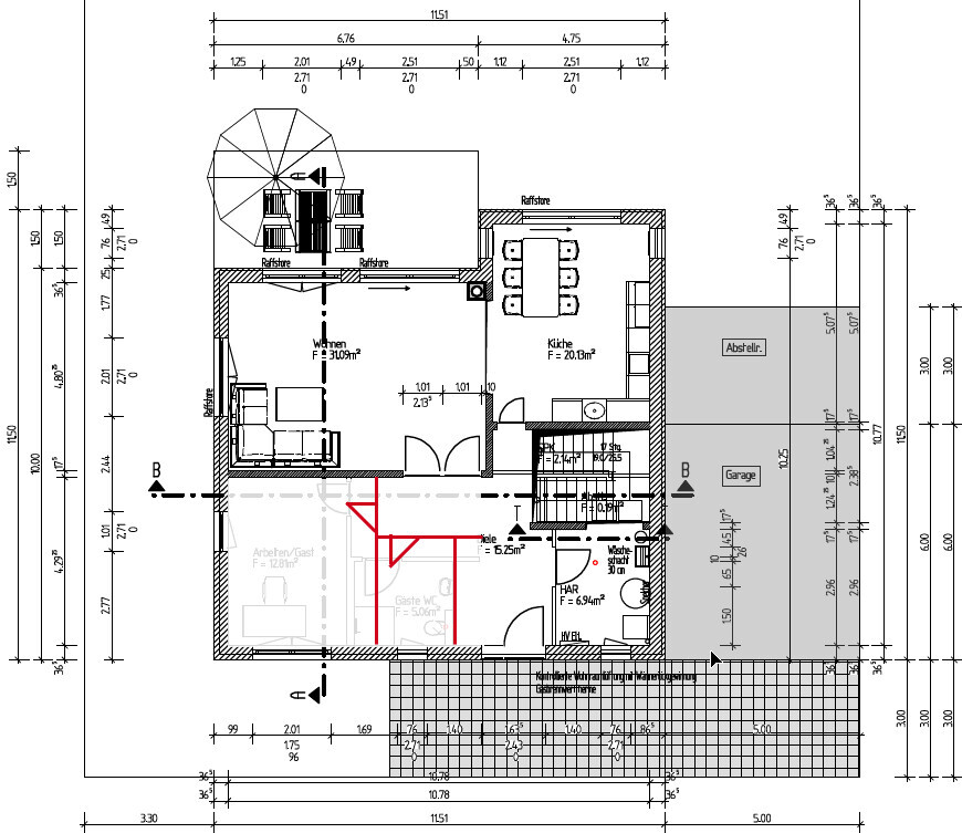 Floor plan of a house with living room, kitchen, guest room, utility room, storage room, stairs, and garage.